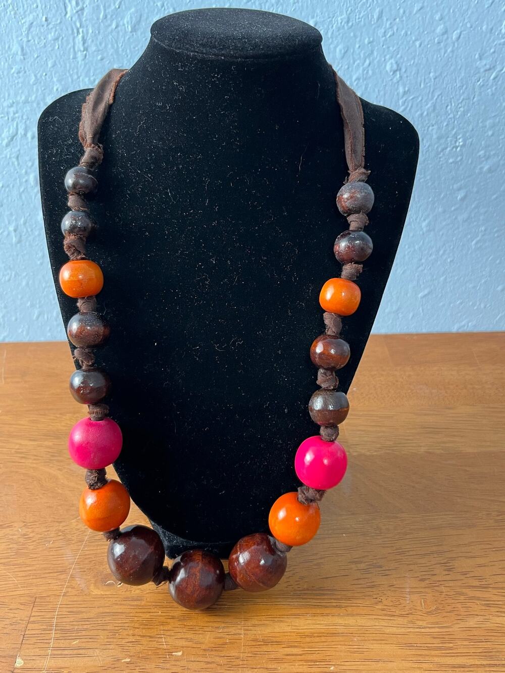 Handmade Boho Wooden Bead Statement Necklace Brown Pink Orange Knotted Artisan